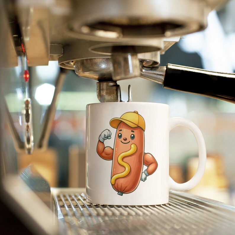 May include: White ceramic coffee mug featuring a cartoon illustration of a smiling hot dog wearing a yellow baseball cap and flexing its arm muscles. The hot dog is wearing a white glove on its right hand. The mug is resting on a metal surface.