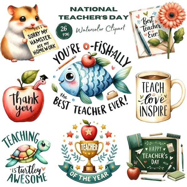 Watercolor Teacher Clipart. Appreciation Gift for Teacher, Classroom Decor. Teacher's Day Printable Art and Inspirational Quotes Educational