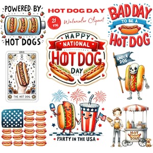 Clipart de perrito caliente en acuarela para el Día Nacional del Perrito Caliente. Ilustración divertida de comida de verano para fiestas de barbacoa y celebraciones de días festivos estadounidenses.