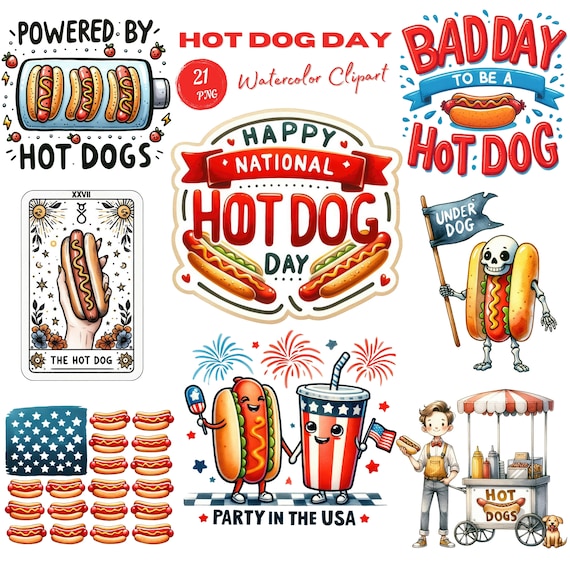 Watercolor Hot Dog Clipart for National Hot Dog Day. Fun Summer Food Illustration for Barbecue Parties and American Holidays Celebrations.