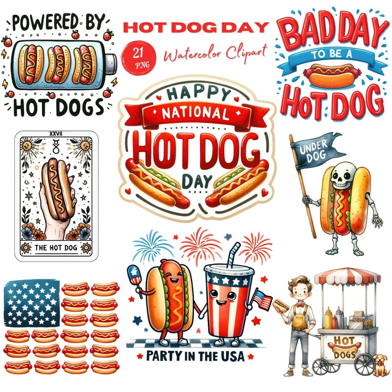 May include: A set of 21 watercolour clipart images featuring hot dogs in various styles. The images include a hot dog with a skeleton body, a hot dog with a face, a hot dog cart, and a hot dog with a flag. The images are perfect for creating fun and festive designs for National Hot Dog Day.