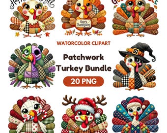 Patchwork Turkey PNG, Thanksgiving Fall Quilt Sublimation, Patchwork Turkey Graphic Tee, Cute Watercolor Halloween Christmas Pillow Pattern