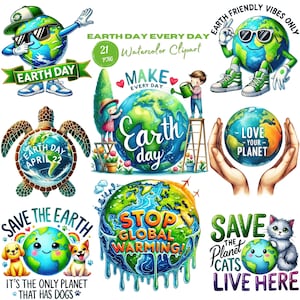 Aquarell Earth Day Clipart. Umweltbewusstseins-Bilder. Planet Liebe Grafiken Sublimation Herunterladen. Go Green Be Art, um unseren Planeten zu retten