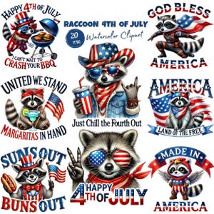 Mapache en acuarela, clipart PNG del 4 de julio. Lindo animal patriótico del 4 de julio, diseño de sublimación rojo, blanco y azul, manualidades para el Día de la Independencia.
