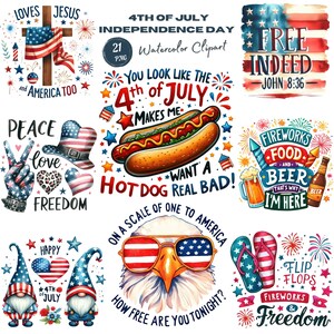 Clipart del 4 de julio en acuarela: arte patriótico del Día de la Independencia en acuarela. PNG del 4 de julio en acuarela, decoración festiva estadounidense pintada a mano