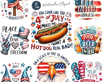 Watercolor 4th of July Clipart - Watercolor Independence Day Patriotic Art. Watercolor 4th July PNG Hand Painted American Festive Decoration