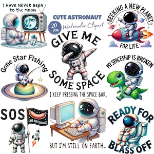 Clipart de astronauta em aquarela PNG para sublimação. Arte fofa de galáxia, ilustração cósmica, design espacial. Imprimível para camisetas, decoração de quarto infantil.