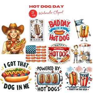 May include: A set of 21 watercolour clipart images featuring hot dogs. The images include a cowgirl holding a hot dog, a hot dog stand, a hot dog with fireworks, and a hot dog with the text "Bad Day to Be a Hot Dog".