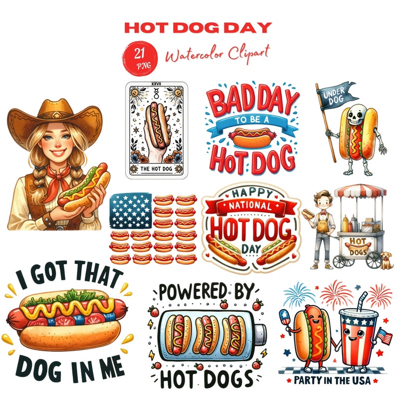May include: A set of 21 watercolour clipart images featuring hot dogs. The images include a cowgirl holding a hot dog, a hot dog stand, a hot dog with fireworks, and a hot dog with the text "Bad Day to Be a Hot Dog".
