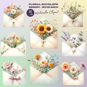 Aquarel bloemen envelop clipart-botanische illustratie voor administratieve professionele dag. Lente Office Decor aquarel bloemen.
