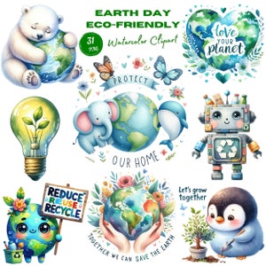 Aquarel Earth Day-clipart voor milieuvriendelijke digitale download. Duurzame kunst ter ere van Earth Day. Natuur Milieu voor instandhouding