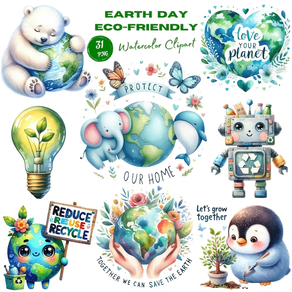 Watercolor Earth Day Clipart for Eco-Friendly Digital Download. Sustainable Art Celebrating Earth Day. Nature Environmental for Conservation