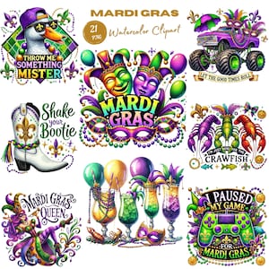 Clipart de acuarela de Mardi Gras para decoración y manualidades de fiestas de carnaval. Máscaras de Mardi Gras vibrantes y gráficos de elementos festivos para celebraciones.