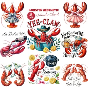 Watercolor Lobster Aesthetic PNG Clipart Sublimation. Coquette Coastal Nautical Beach Art for Kitchen Summer Wall Decor Printable & T-Shirt.