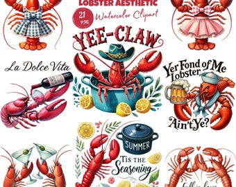 Clipart PNG con aragosta acquerellata e estetica, stampata a sublimazione. Arte nautica costiera e da spiaggia, stile Coquette, per decorazioni da parete estive in cucina, stampabile e su maglietta.