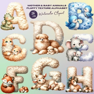 Watercolor Mother and Baby Animals Clipart. Mother's Day Alphabet Letters for Nursery Decor. Fluffy Texture Animal Alphabet Illustrations.