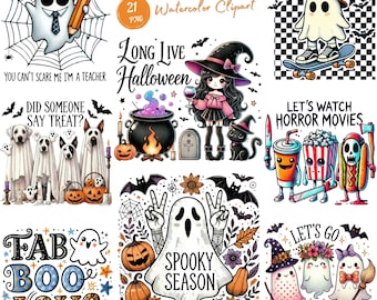 Watercolor Halloween Clipart with Funny Quotes. Spooky Watercolor Halloween Clipart Digital Download PNG. Halloween Decor Watercolor Clipart
