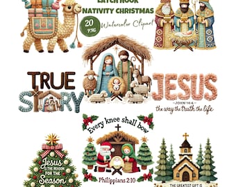 Latch Hook Nativity Christmas PNG, Latch Hook Yarn Crochet Nativity Scene Design, Preppy Christian Christmas, Watercolor Sublimation Clipart