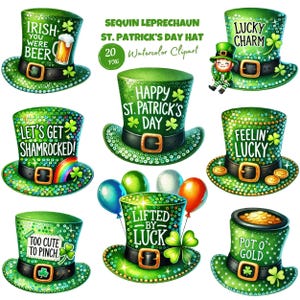 以下が含まれることがあります： セントパトリックデーをテーマにしたさまざまな言葉が書かれた、緑色のスパンコールの妖精の帽子が20点の水彩画クリップアート画像。帽子にはクローバー、金貨、その他の華やかなディテールが施されています。