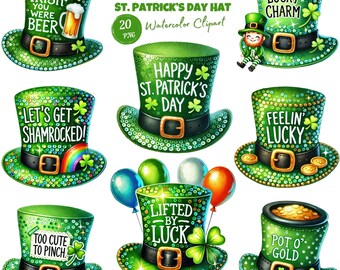 Akwarela St Patricks Hat PNG Cekinowy kapelusz skrzata Clipart. Zabawny irlandzki świąteczny szczęśliwy cytat do pobrania. Lśniący brokatowy kapelusz koniczyny Paddy
