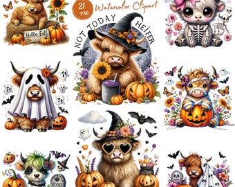 Watercolor Highland Cow Halloween PNG Clipart for Fall Art and Autumn Decorations. Halloween PNG Featuring Highland Cow Perfect for Autumn.