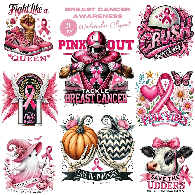 Pu&ograve; includere: Una collezione di clipart digitali a tema rosa per la sensibilizzazione sul cancro al seno. I disegni includono un giocatore di football americano, scarpe da ginnastica, un casco da baseball, un fantasma, una mucca, zucche e nastri. Testi: "Fight like a Queen", "Pink Out" e "Pink Vibes".