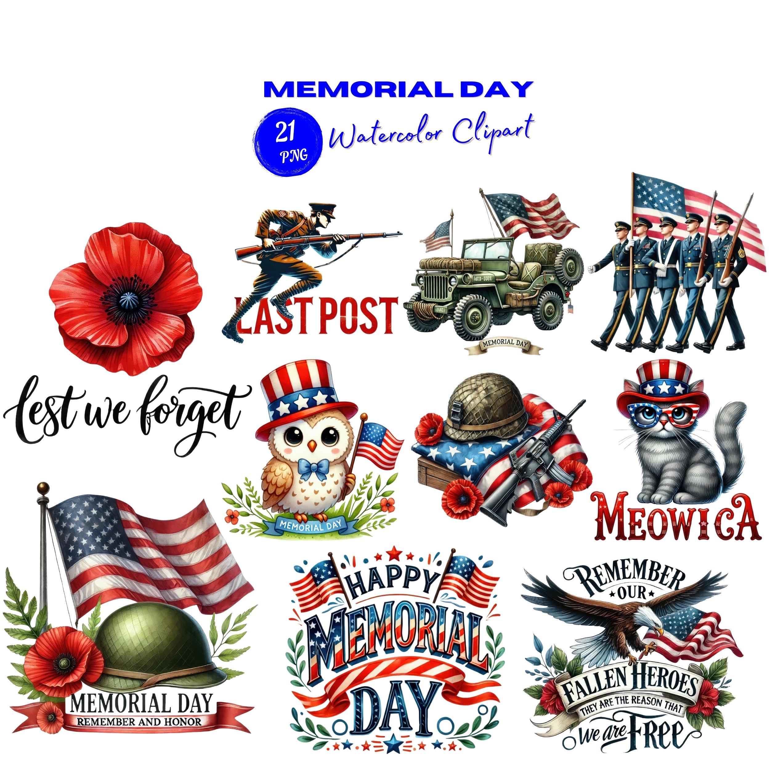 Watercolor Memorial Day PNG Clipart. Patriotic American Flag Red White ...