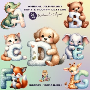 Clipart alphabet animaux aquarelle - texture douce et duveteuse pour une décoration de chambre d'enfant. Téléchargement numérique éducatif pour la scolarisation et l'apprentissage des enfants