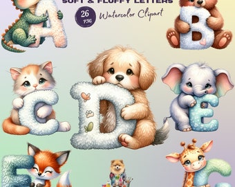 Watercolor Animal Alphabet Clipart - Soft and Fluffy Texture for Nursery Decor. Educational Digital Download for Schooling and Kids Learning