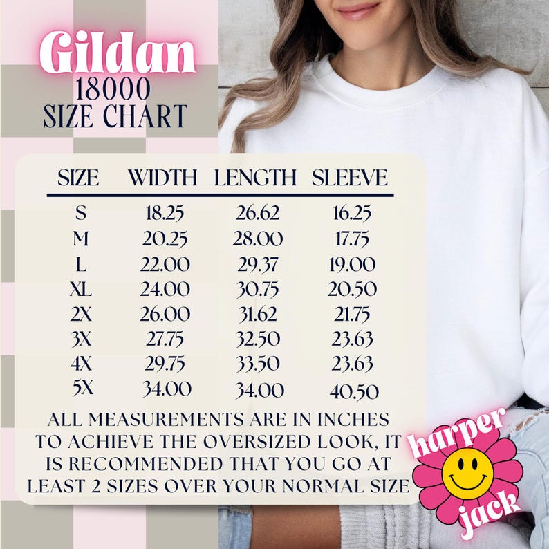 Peut inclure: Sweat-shirt blanc Gildan 18000 avec un tableau des tailles. Le tableau indique les mesures en pouces pour la largeur, la longueur et la longueur des manches pour les tailles S &agrave; 5XL. Le texte recommande de prendre une taille au-dessus pour une coupe ample.