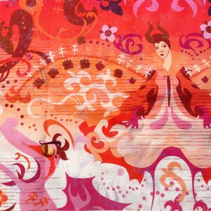 May include: A vibrant, stylized illustration featuring a woman with horns and a dragon-like creature. The artwork uses a palette of red, orange, pink, and purple, with floral and swirling patterns. The style is reminiscent of a fairytale or fantasy theme.