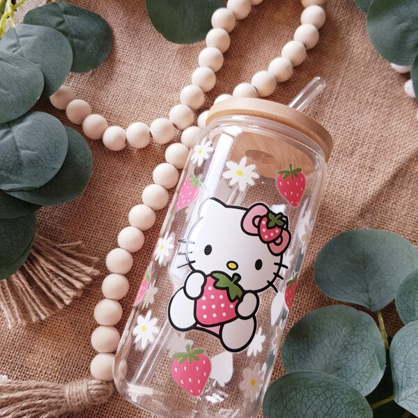 Handarbeit Trinkglas, Hello Kitty Erdbeere Glas, Trinkglas Deckel, Bambusdeckel, Geschenk Ostern, Japan Kawaii Geschenk, Cocktailglas,