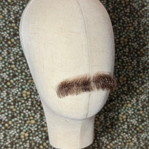 May include: A light-colored mannequin head with a brown mustache attached. The mustache is short and bushy, with a slightly curved shape. The mannequin is on a wooden stand, and the background has a floral pattern.