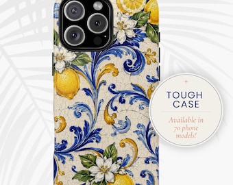 Coque de téléphone en carreaux de mosaïque bleue : carrelage de Delft en céramique méditerranéenne à fleurs de citronnier (boîtier solide)