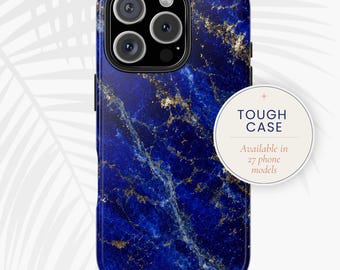 Housse pour portable en lapis lazuli, Housse en marbre bleu roi, Housse résistante en pierres précieuses dorées bleues | imprimé et expédié aux États-Unis