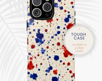 Coque de portable résistante rouge blanc bleu, patriotique, art abstrait en céramique (imprimée et expédiée aux États-Unis)