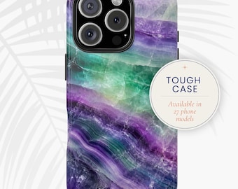 Coque de portable en fluorite arc-en-ciel, Coque en cristal violet vert, Coque résistante en marbre avec pierres précieuses | imprimé et expédié aux États-Unis