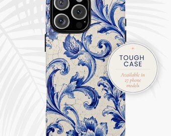 Coque de portable solide en mosaïque bleue de Delft : Carrelage méditerranéen Gaudi | imprimé et expédié aux États-Unis