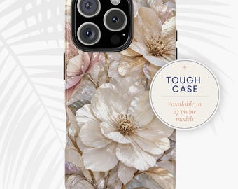 Étui pour portable à fleurs nacrée, Étui robuste à fleurs crème | imprimé et expédié aux États-Unis