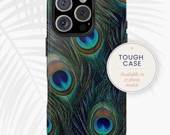 Housse de portable en plumes de paon, Coque résistante bleu vert foncé | imprimé et expédié aux États-Unis