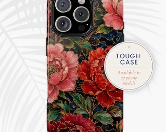 Étui pour portable à fleurs rouge, Étui solide en émail à fleurs | imprimé et expédié aux États-Unis