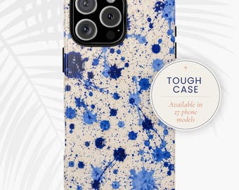 Étui résistant aux éclaboussures d'encre bleue pour iPhone, Samsung, Pixel | Art abstrait en céramique | imprimé et expédié aux États-Unis