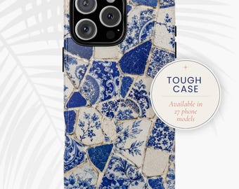 Coque pour téléphone en carreaux de mosaïque bleue : Coque résistante en céramique d'art méditerranéen de Gaudi | imprimé et expédié aux États-Unis