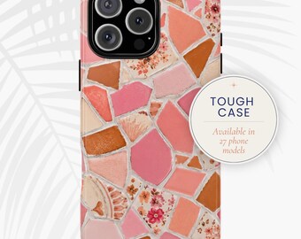 Coque pour portable rose corail mosaïque à motif floral | protection résistante double couche pour iPhone et Android | imprimé et expédié aux États-Unis