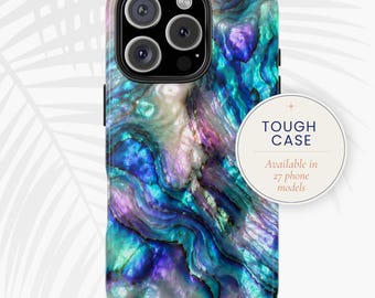 Coque de portable bleue en abalone, Coque résistante bleu perle | imprimé et expédié aux États-Unis