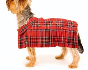 May include: A small dog wearing a red and black plaid kilt. The kilt has a gold chain detail around the waist.