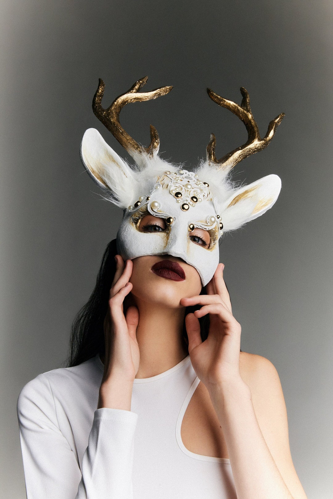 Deer Mask Halloween Costume Party White Full Face Mask Etsy