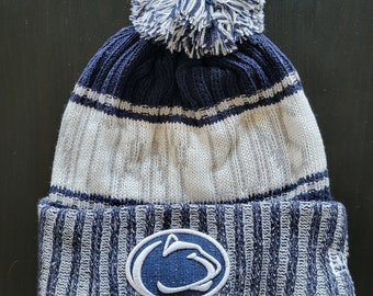 Penn State Nittany Lions NCAA Winter Football Beanie Hat Cap With Fuzzy Pom Blue White With Embroidered Logo Patch Warm Knit Cotton Acrylic