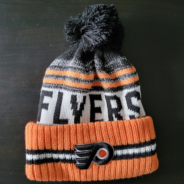 Philadelphia Flyers NHL Winter Hockey Beanie Hat With Fuzzy Pom Orange Black With Embroidered Logo Patch Warm Knit Cotton Acrylic