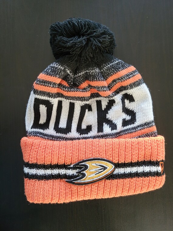 Anaheim Ducks Vintage Winter Hockey Beanie Premium Hat With Fuzzy Pom Orange Black White With Embroidered Logo Patch Warm Cotton Acrylic